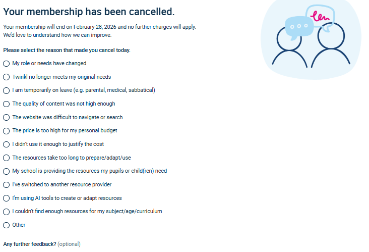Screenshot of the Twinkl membership page showing confirmation the membership has been cancelled