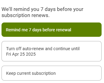 Screenshot of 'Reminder' and 'Turn off auto-renewal' buttons on the 'Cancel Membership' page