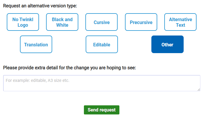 Screenshot of options and details box for resource request.